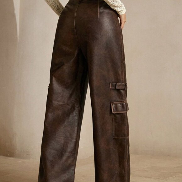 Coffee Brown Casual Women's Merlot Vintage Distressed Faux Cargo Pants - Picture 3 of 6